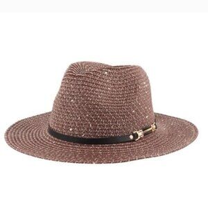 Wide Brim Brown Straw Fedora Hat W/ Black Band & Gold Accent-NEW